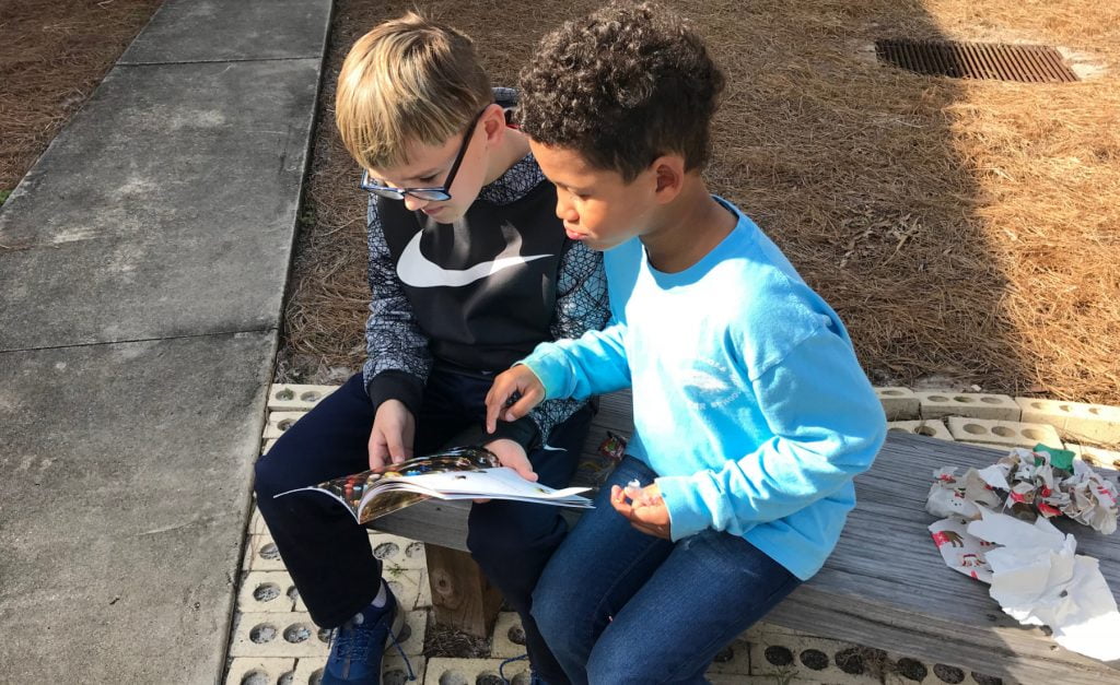 Two boys sharing and reading a book